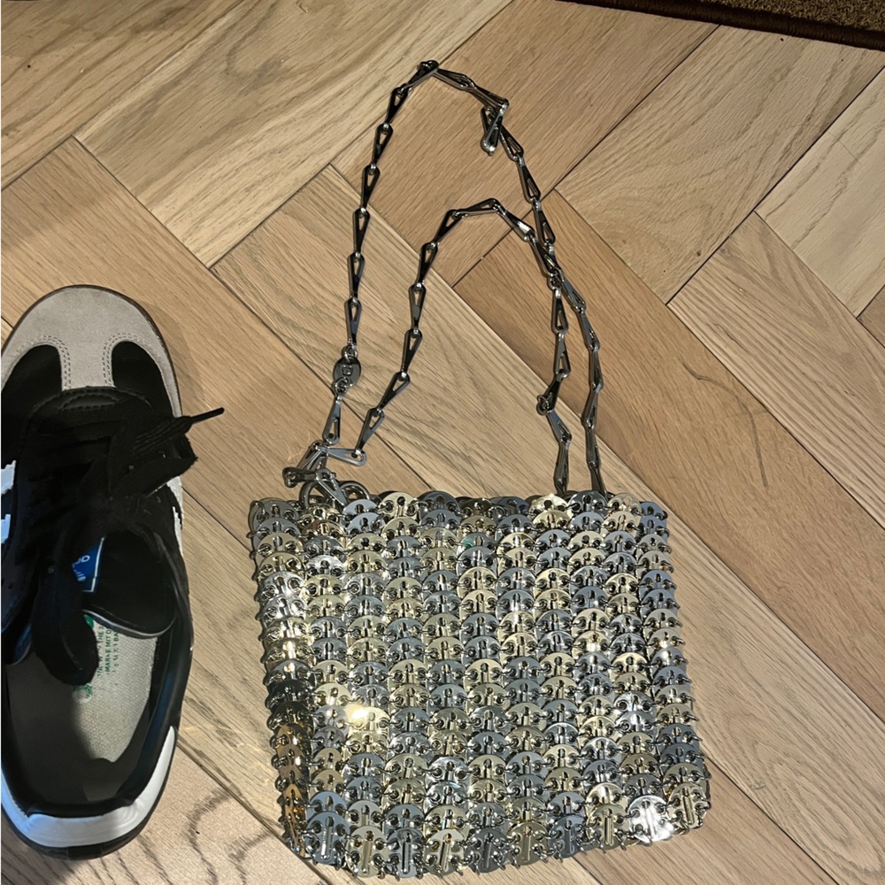 Like new Paco Rabanne 1969 silver & light gold handbag skyline metal
